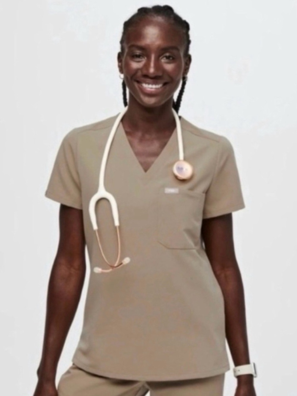 Figs Women’s V-Neck Medical Scrub Top in Latte size Small